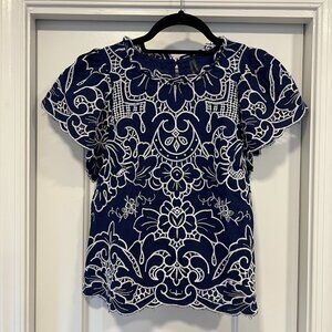 The Lainie High-Neck Lace Cutwork Blouse in Navy